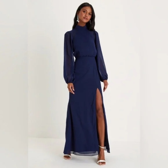 Lulus Graceful Entrance Navy Blue Long Sleeve Backless Maxi Dress Size L - Picture 1 of 9